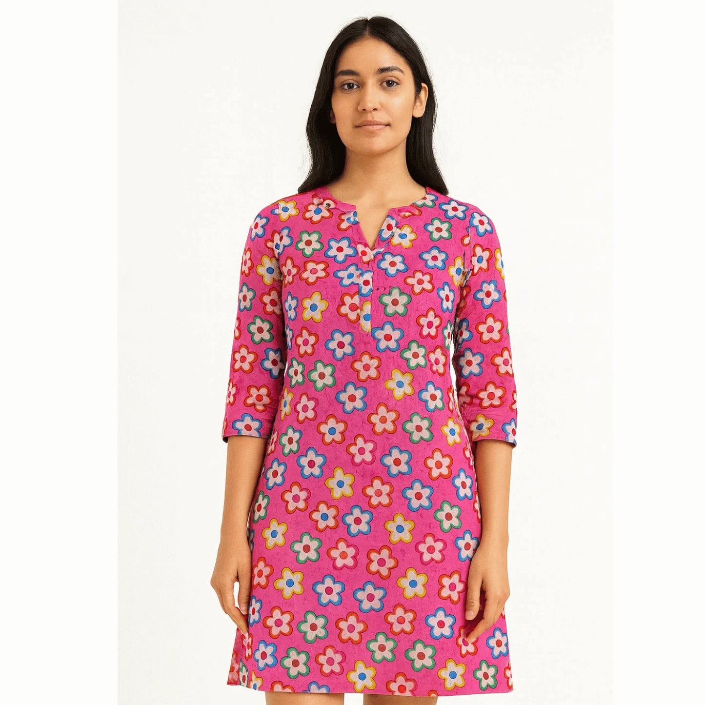Women's Pink Multicolor Hakoba Schiffli Cotton Kurti with colorful floral print, crafted from premium 44-inch breathable cotton fabric for casual wear, ethnic wear, office wear and everyday fashion.