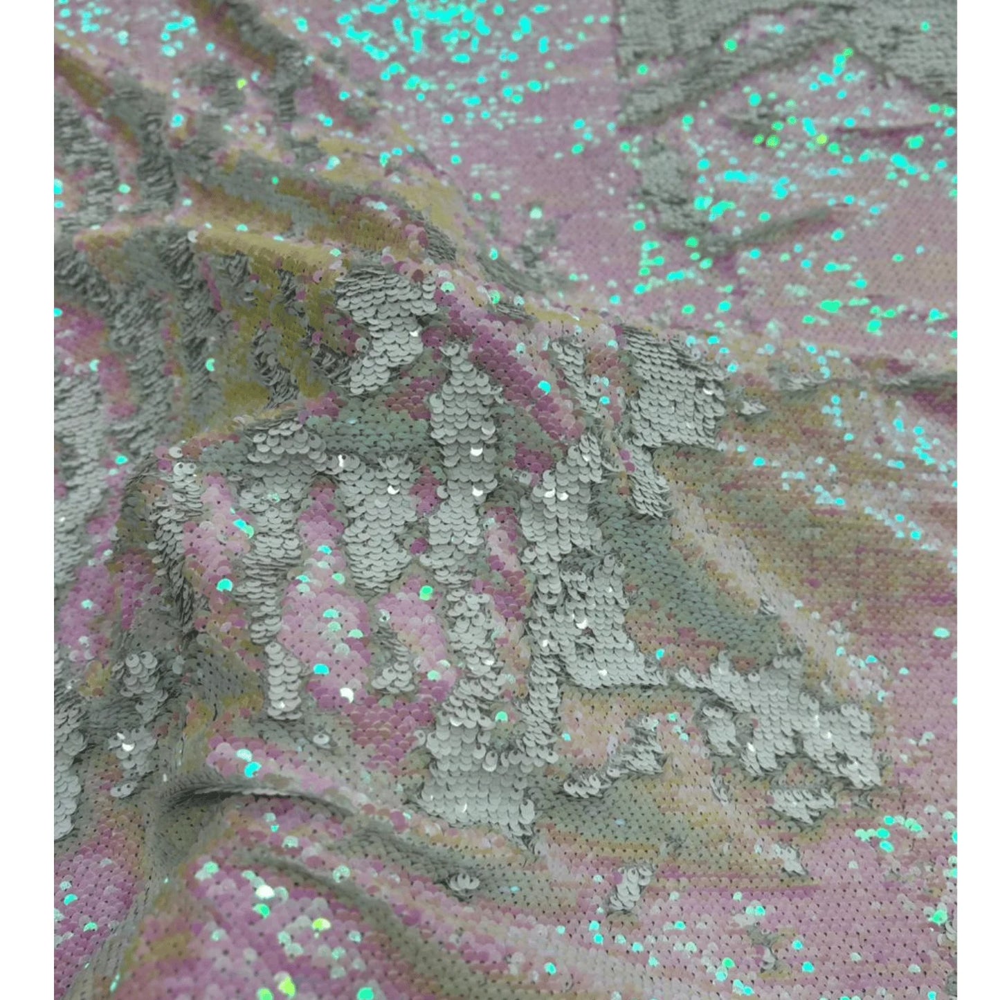 Close-up of luxury White Pink reversible sequin net fabric with heavy glitter work, showcasing dual-color flip sequins and elegant drape. Ideal for bridal gowns, party wear dresses, lehengas, sarees and couture fashion.