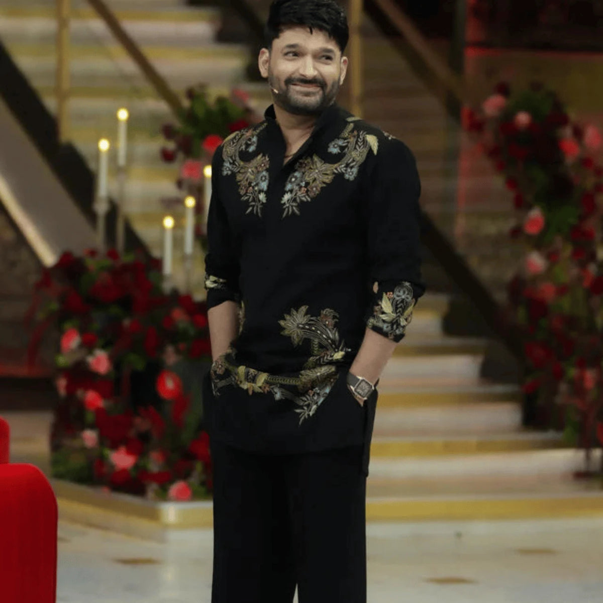 Premium black embroidered men's kurta fabric with elegant floral embroidery showcased in a trending ethnic style. Unstitched fabric perfect for festive wear, wedding wear, party wear and designer men's kurtas. Suitable for sizes S to XXL.