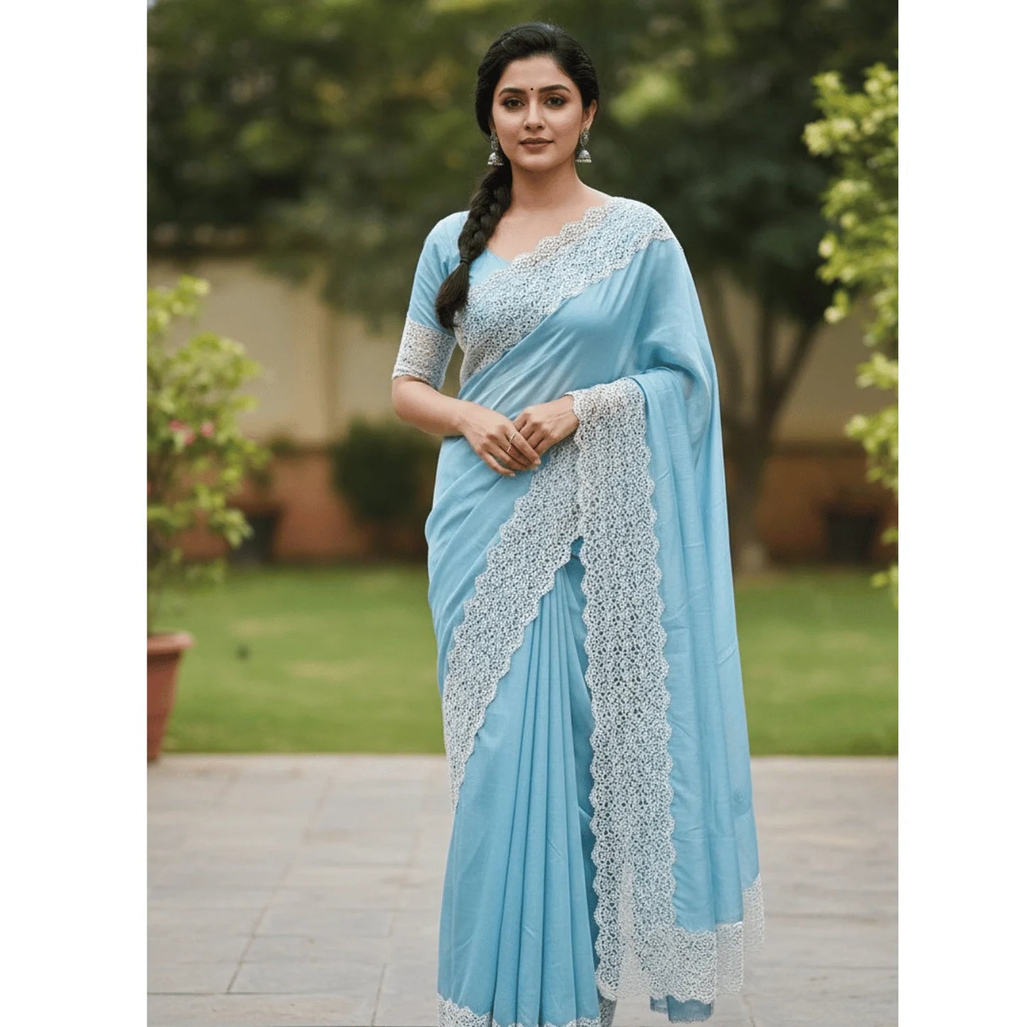 Elegant sky blue saree featuring premium GPO dyeable lace border. Soft chemical lace fabric with intricate floral embroidery, ideal for saree borders, designer ethnic wear, bridal wear, party wear and custom fashion creations.