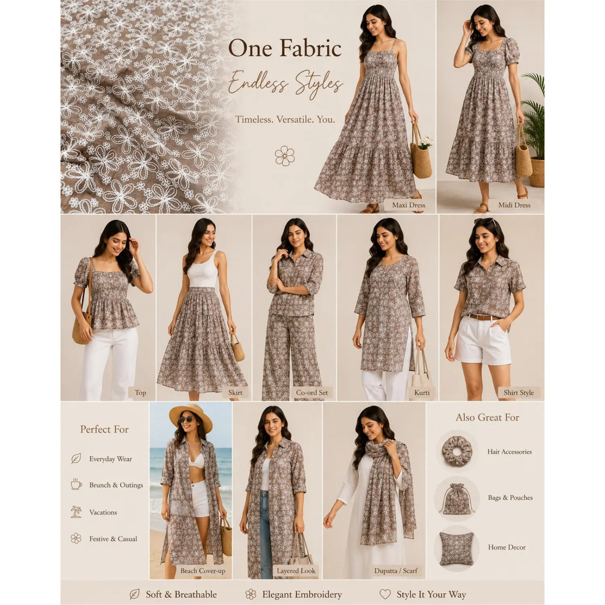Taupe Brown Mal Chanderi fabric style inspiration with embroidered outfits and accessories