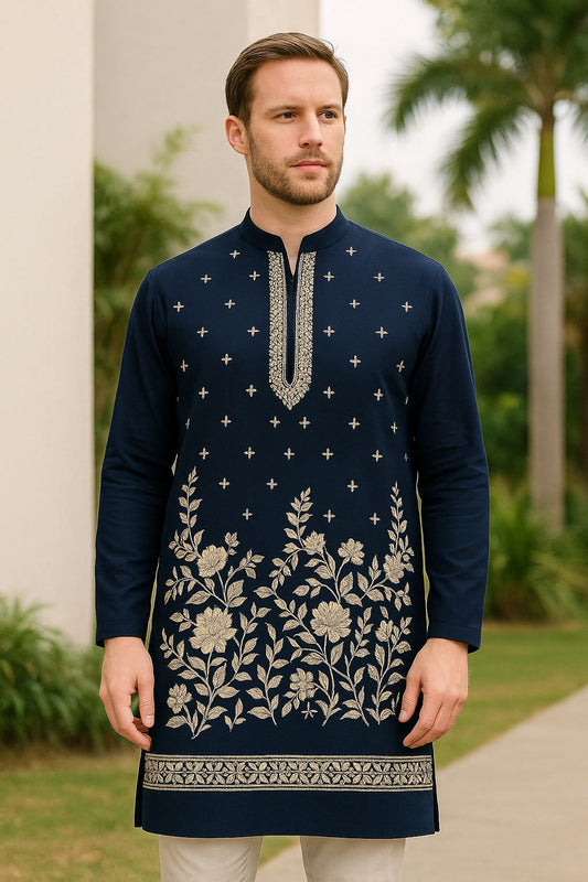 Unstitched Men’s Kurta Fabric – Front Embroidery Panel with Back & Sleeve Fabric (S–XXL)