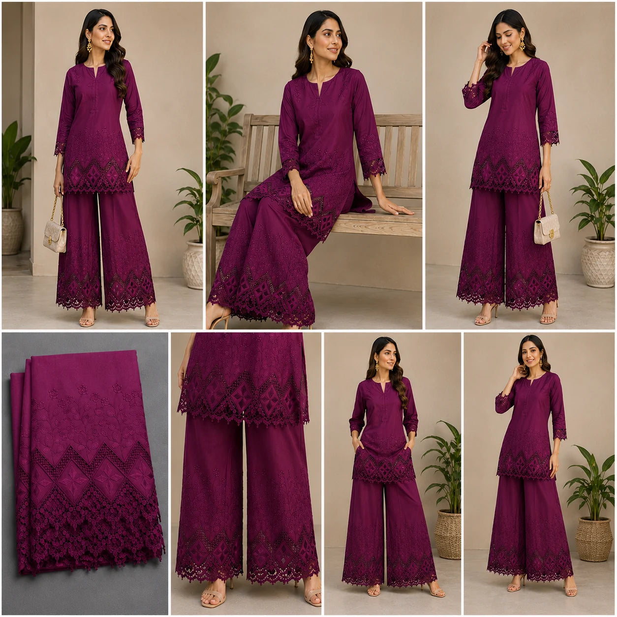 Wine applique embroidery cotton fabric stitched into a premium kurti and palazzo set with elegant 3D cutwork for festive and ethnic wear.