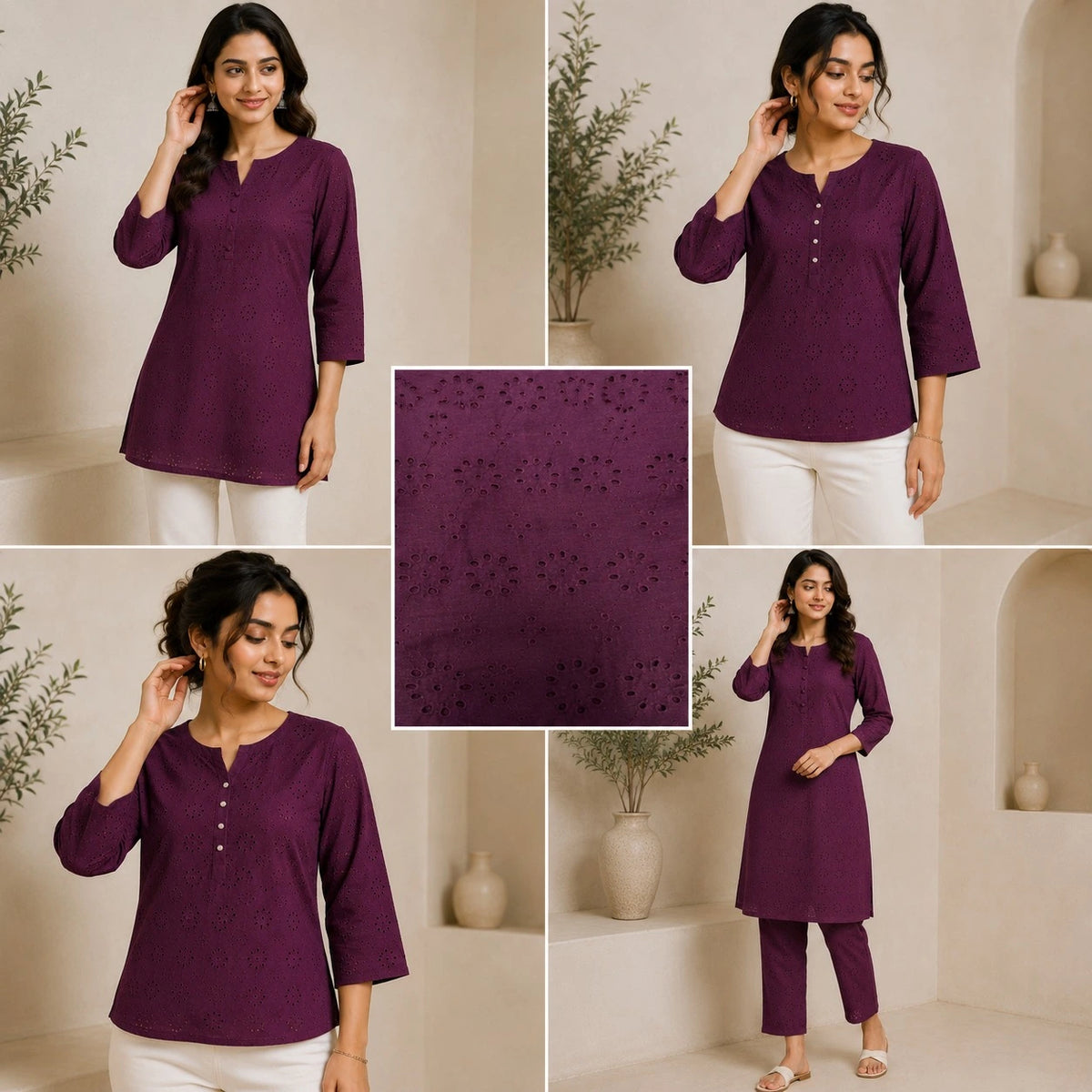 Premium wine cotton Hakoba Schiffli fabric showcasing embroidery pattern and product specifications.