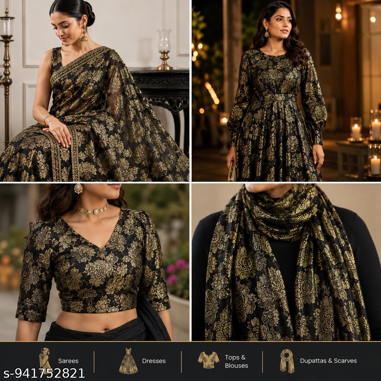 Premium Black Gold Floral Georgette Fabric with Heavy Rose Lurex Work | Elegant Party Wear Collection for Gown, Saree & Designer Outfits