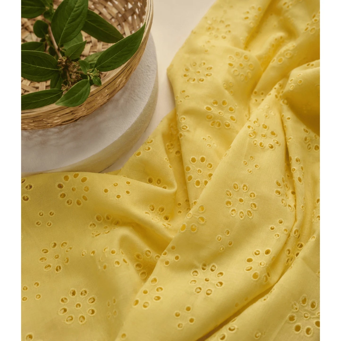 Yellow Cotton Hakoba Schiffli Fabric Draped Close-up