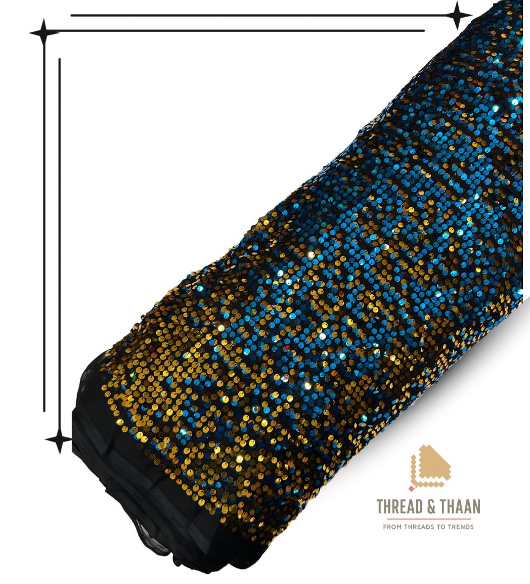 Blue and gold sequin work tissue fabric for blouses and designer outfits