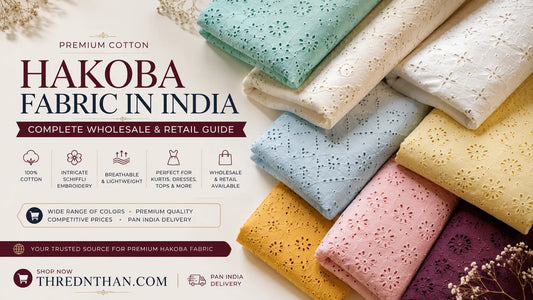Premium cotton Hakoba fabric India banner with Schiffli embroidery fabrics for wholesale and retail | ThreadnThan
