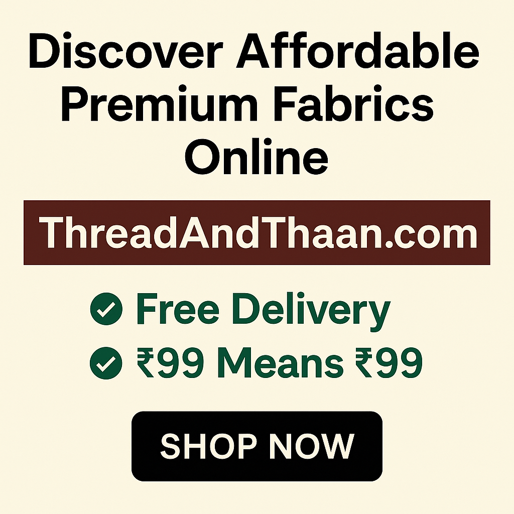 Promotional banner for ThreadAndThaan.com highlighting affordable premium fabrics with free pan-India delivery and a clear message stating ₹99 means ₹99 with no extra charges, featuring a ‘Shop Now’ button.