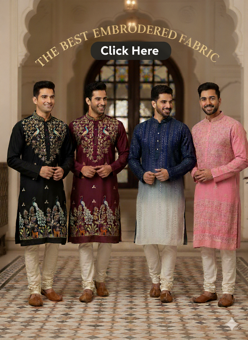 Premium embroidered kurta fabrics with high-quality designer embroidery by Arihant Enterprises, displayed inside a traditional royal hallway.