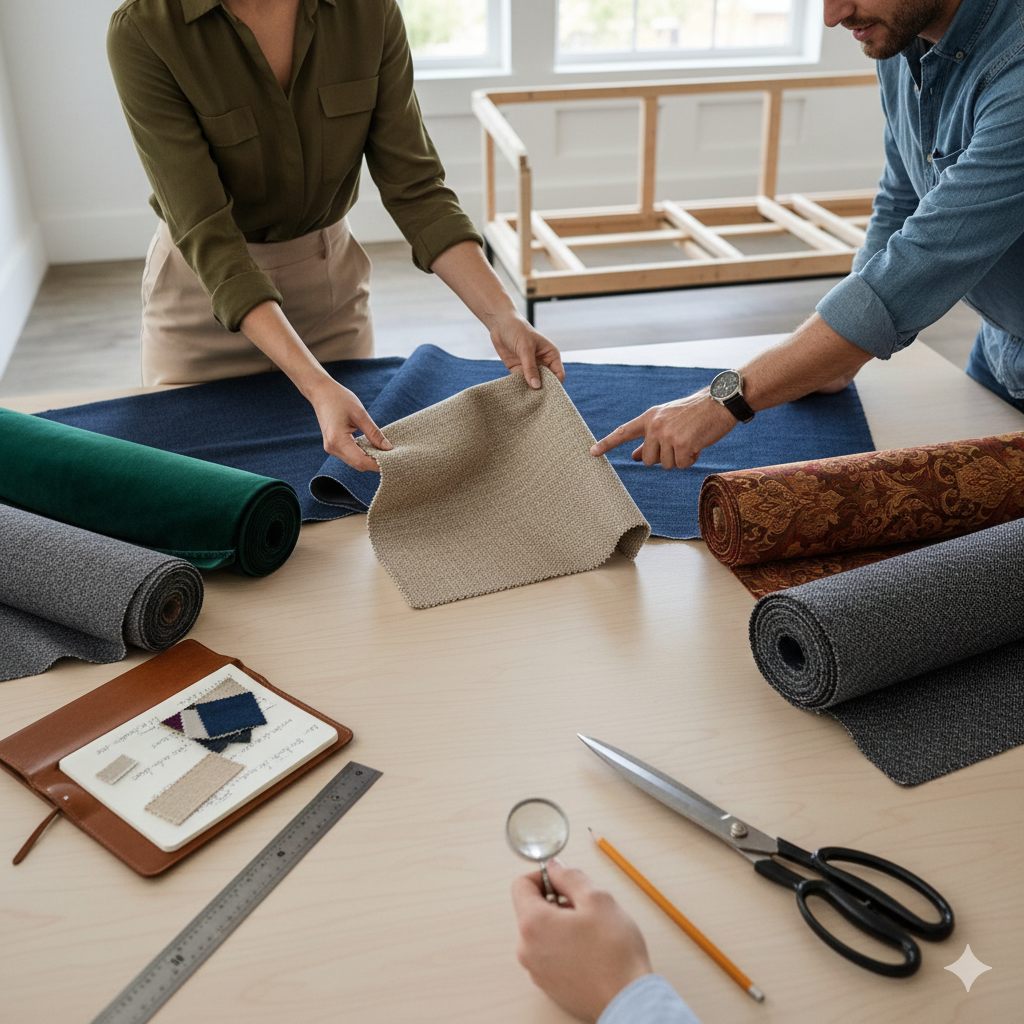 Interior design experts reviewing upholstery fabric samples for furniture design, home decor, and material selection during design planning.