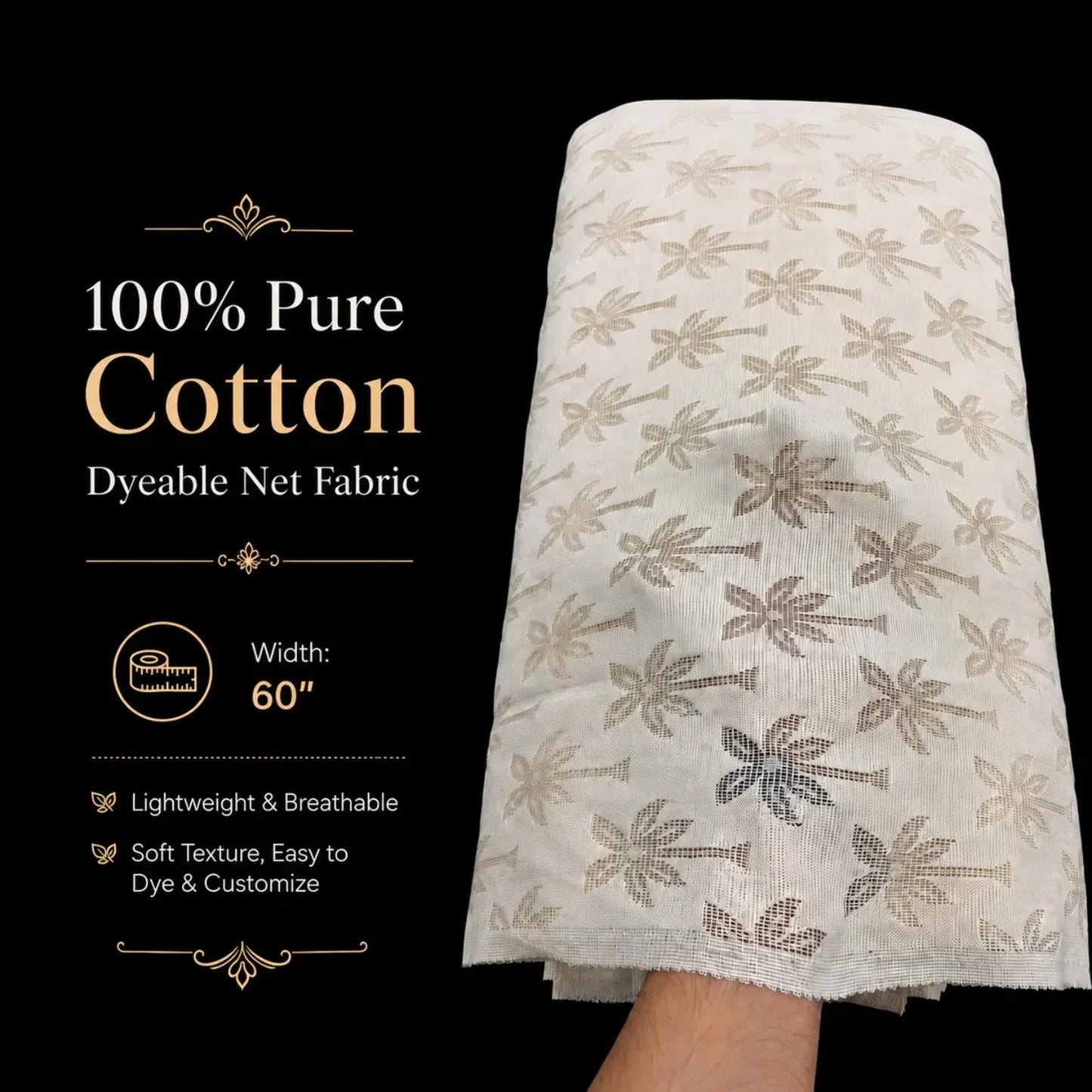 100% Pure Cotton Dyeable Net Fabric 60 Inch Width with Beige Floral Embroidery for Kurtis, Dresses and Boutique Ethnic Wear.