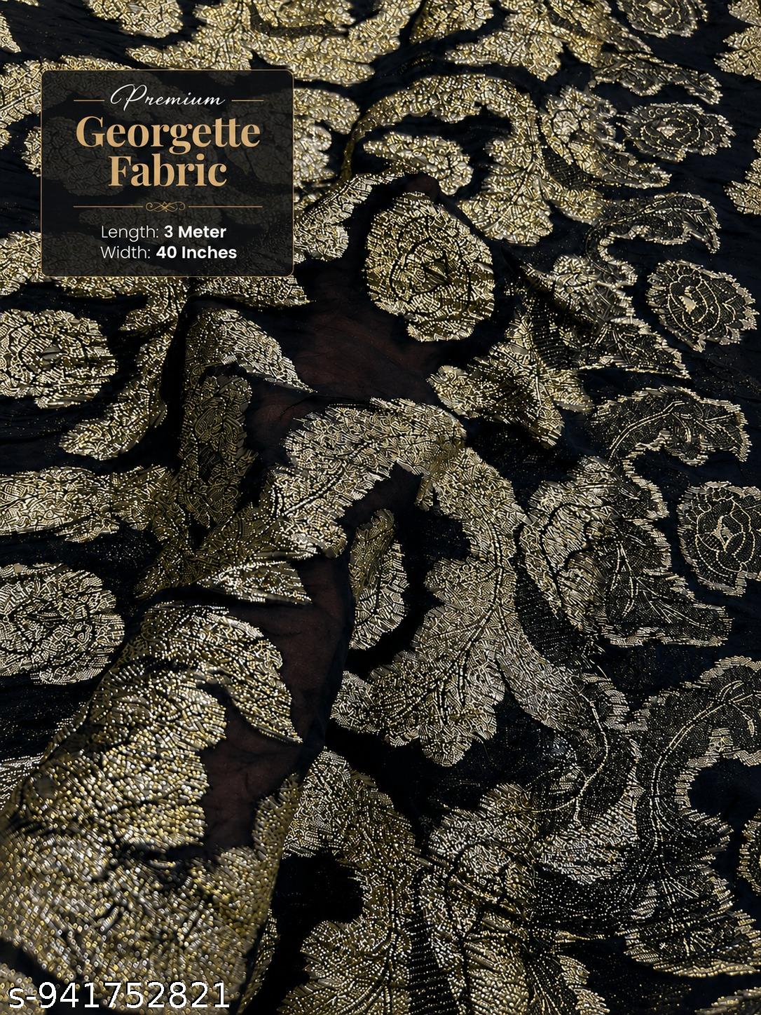 Premium Black Gold Floral Georgette Fabric with Heavy Rose Lurex Work | Elegant Party Wear Collection for Gown, Saree & Designer Outfits