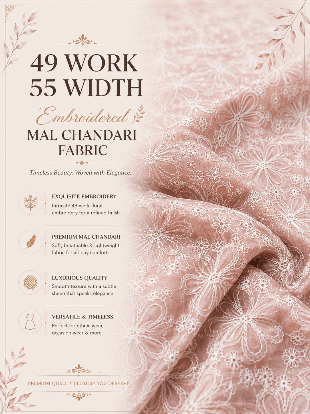 Blush Pink Embroidered Mal Chanderi Fabric With White Floral Thread Work | 49 Work | 55 Inch Width | ThreadnThan