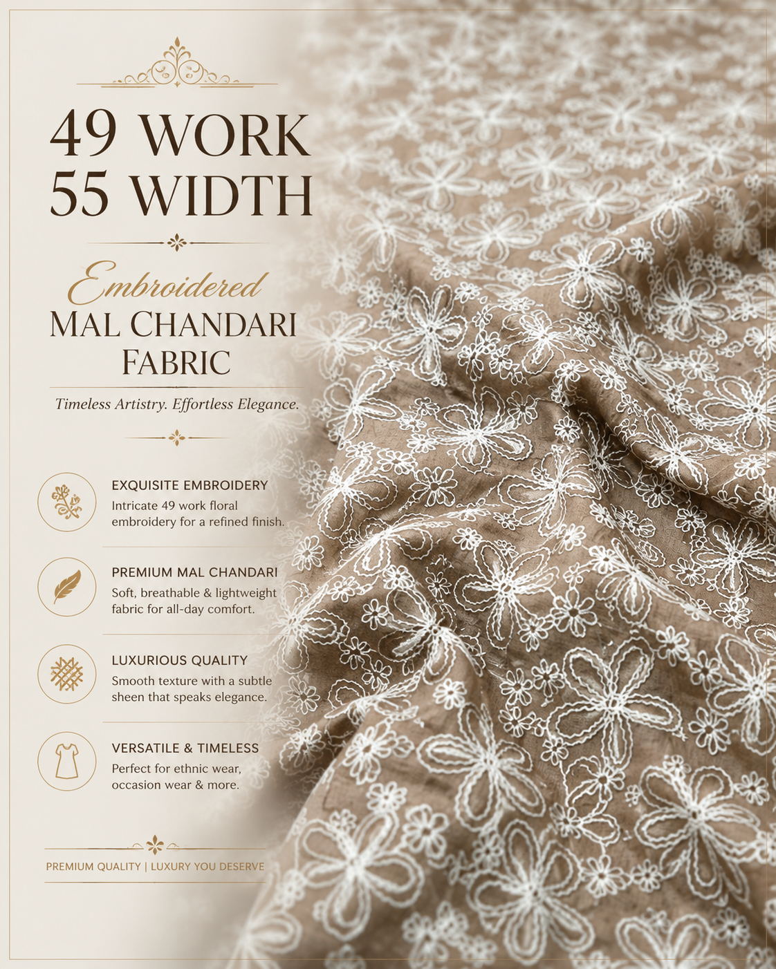 Taupe Brown Embroidered Mal Chanderi Fabric With White Floral Thread Work – 49 Work | 55 Inch Width | ThreadnThan