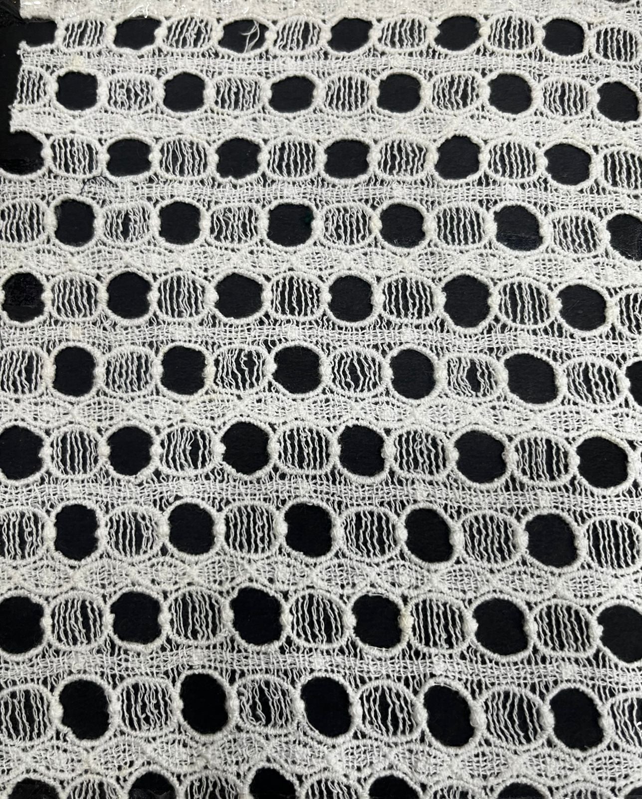 White dyeable GPO cotton guipure lace fabric with circular wave cutwork design
