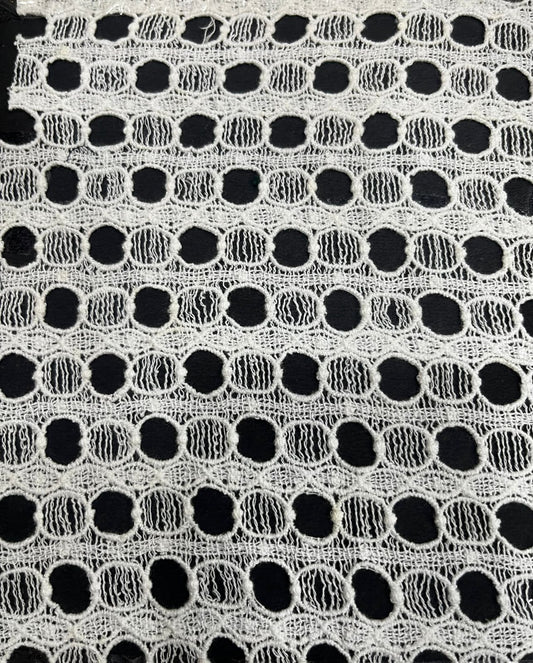 White dyeable GPO cotton guipure lace fabric with circular wave cutwork design