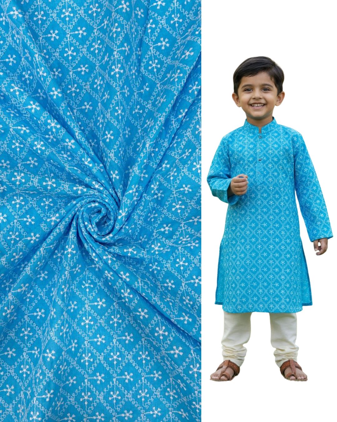 Kids blue kurta fabric with white embroidered pattern shown beside a boy wearing the matching outfit, ideal for festive wear, ethnic clothing, and traditional events