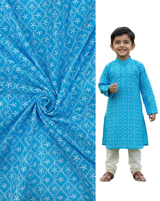 Kids blue kurta fabric with white embroidered pattern shown beside a boy wearing the matching outfit, ideal for festive wear, ethnic clothing, and traditional events