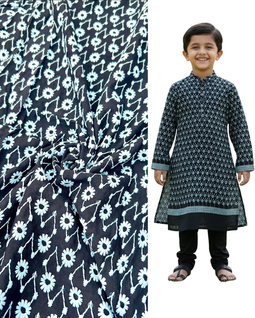 Black printed kids kurta with matching floral patterned fabric — premium ethnic wear for boys, ideal for festive events, weddings, and cultural celebrations.