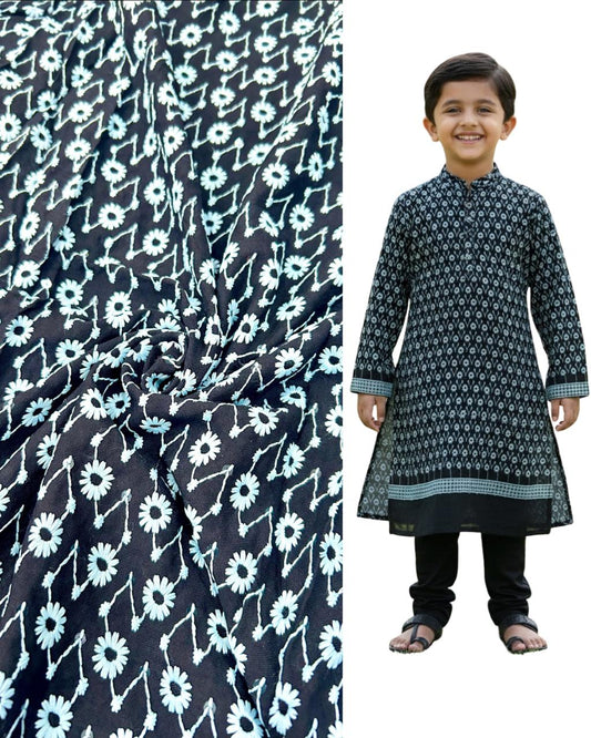 Black printed kids kurta with matching floral patterned fabric — premium ethnic wear for boys, ideal for festive events, weddings, and cultural celebrations.