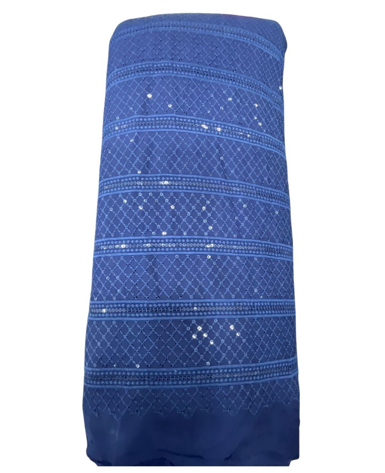 Designer navy blue geometric embroidery fabric shown with child wearing matching kurta — ideal for festive wear, party outfits, and traditional occasions.