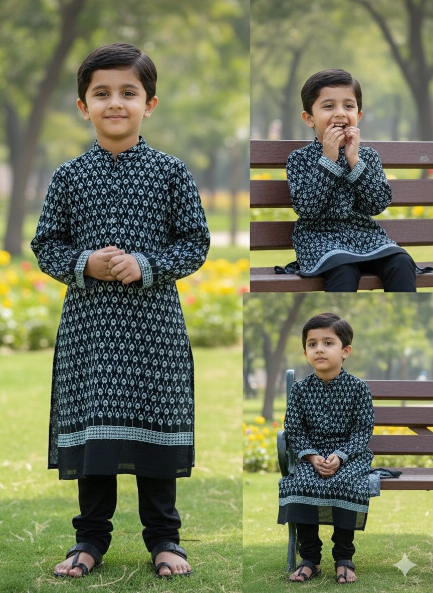 Premium Black & Sky Blue Contrast Embroidery Fabric for Kids Kurta | Soft, Breathable & Skin Safe Material for Festivals