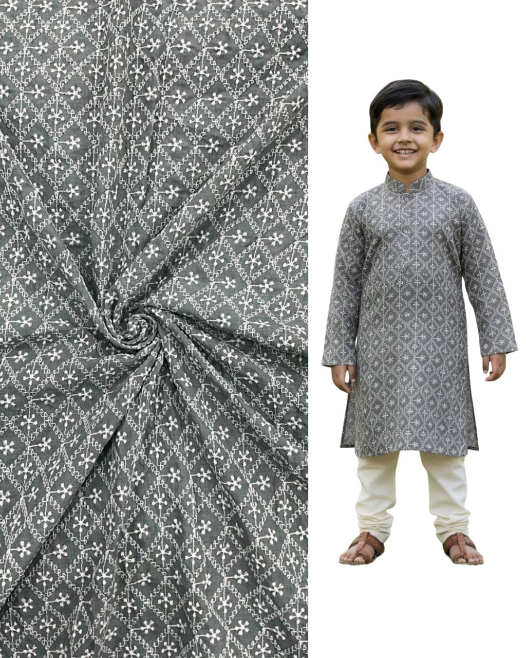 Kids grey kurta fabric with white geometric embroidery shown beside a boy wearing the matching outfit, ideal for festive wear, ethnic fashion, and traditional events.