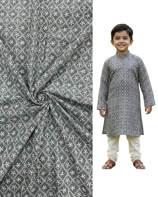 Kids grey kurta fabric with white geometric embroidery shown beside a boy wearing the matching outfit, ideal for festive wear, ethnic fashion, and traditional events.