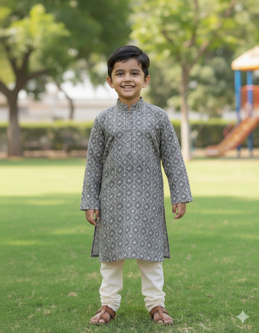 Premium grey floral-pattern fabric next to a child in a coordinated kurta, suitable for kids festive clothing, ethnic outfits, and special event fashion.