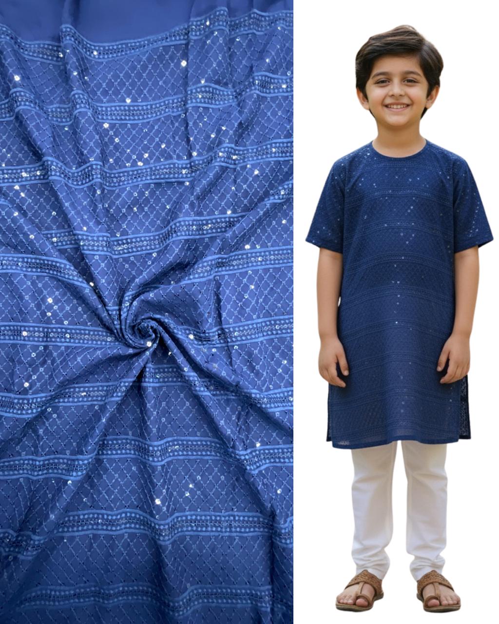 Navy blue embroidered kids kurta with matching patterned fabric swatch — premium boys ethnic wear for festivals, weddings, and celebrations.