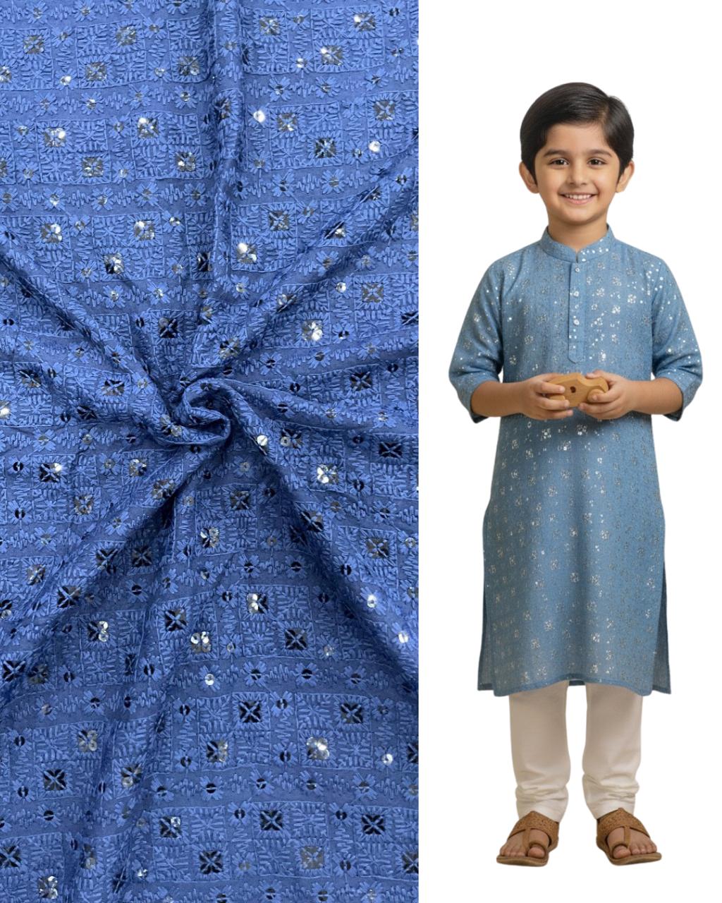 "Blue embroidered kids kurta with matching mirror-work fabric swatch — premium festive wear for boys."