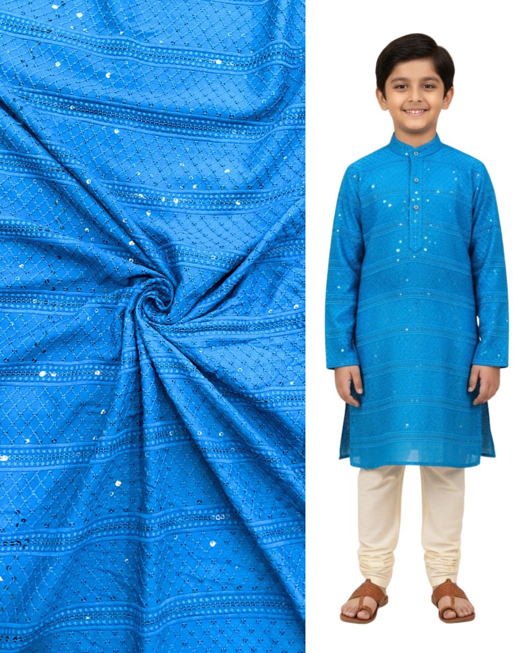 "Bright blue embroidered kids kurta with matching fabric swatch — premium ethnic wear for boys, festive and wedding collection."