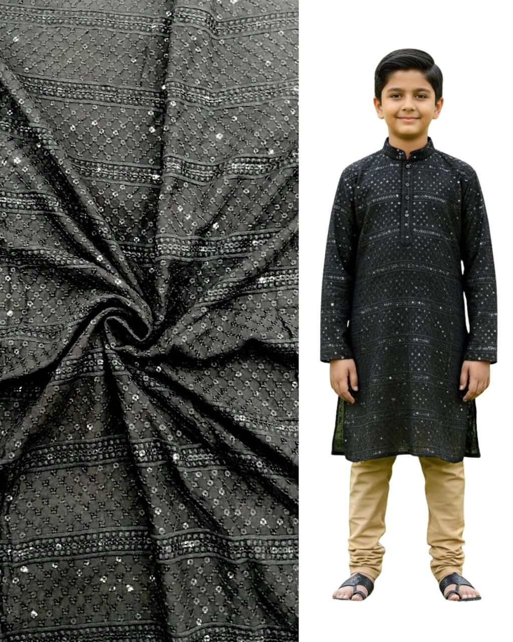 Black embroidered kids kurta with matching geometric patterned fabric — premium boys ethnic wear for weddings, festivals, and special celebrations.