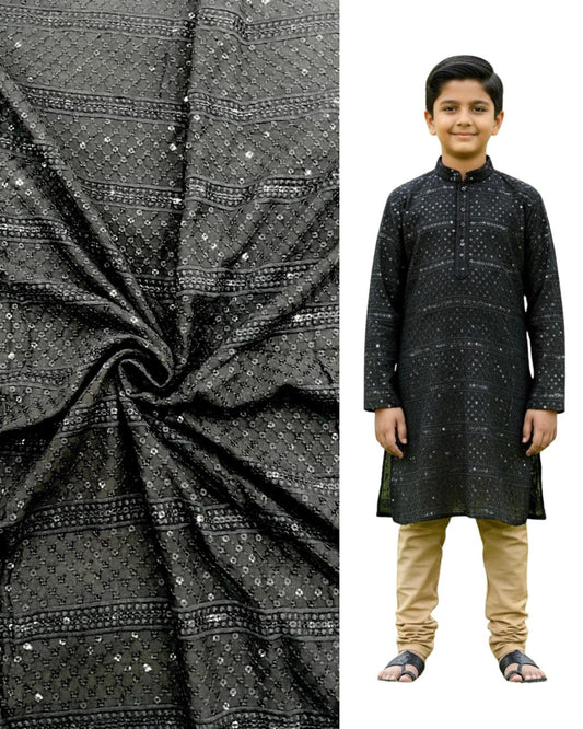 Black embroidered kids kurta with matching geometric patterned fabric — premium boys ethnic wear for weddings, festivals, and special celebrations.