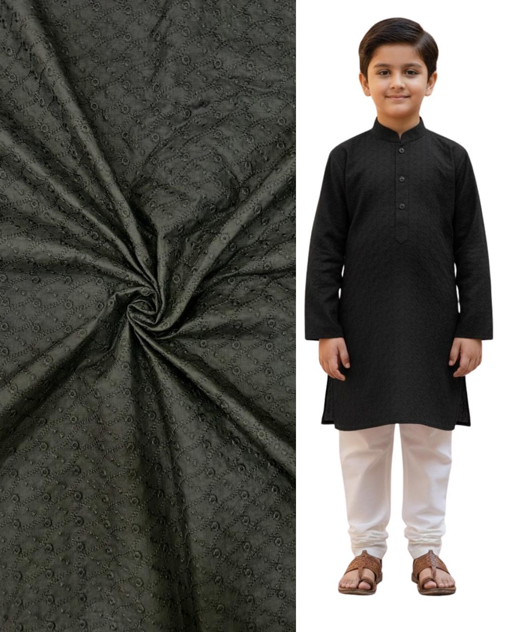 Black embroidered kids kurta with matching patterned fabric — premium boys ethnic wear perfect for weddings, festive events, and traditional celebrations.