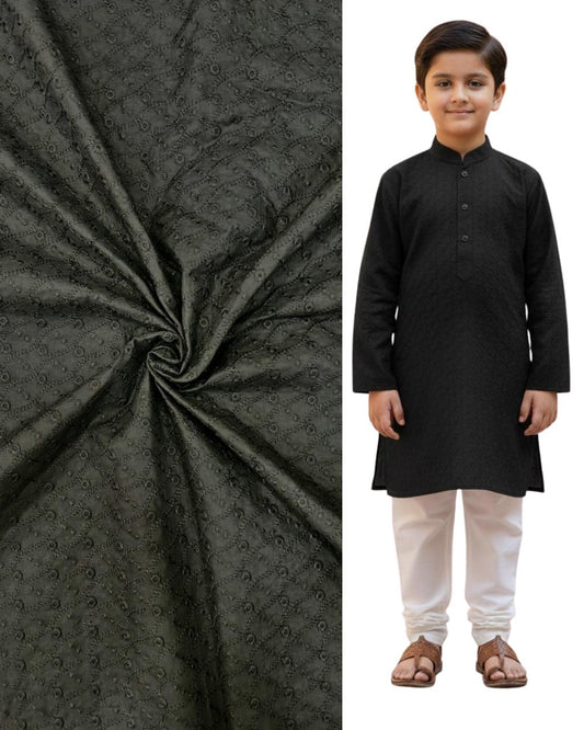 Black embroidered kids kurta with matching patterned fabric — premium boys ethnic wear perfect for weddings, festive events, and traditional celebrations.