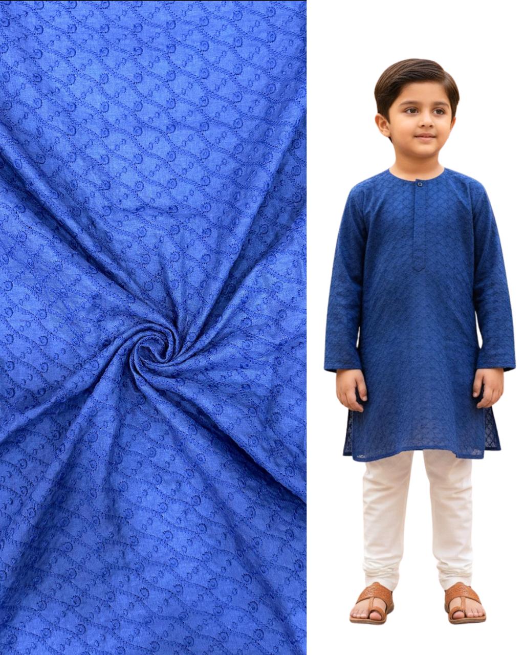 Blue embroidered kids kurta with matching subtle patterned fabric — premium boys ethnic wear for festivals, weddings, and traditional celebrations.
