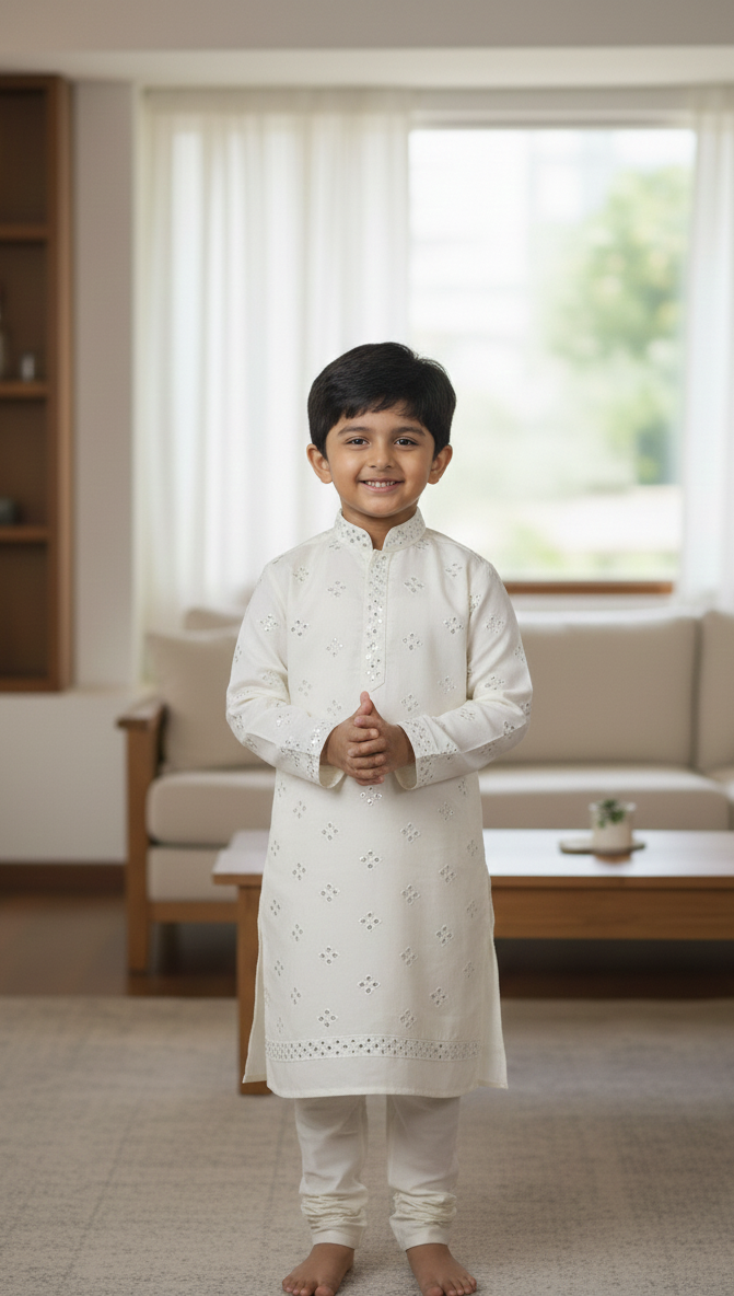 Designer Cream Roman Silk Fabric with Mirror Detailing for Kids Kurta.