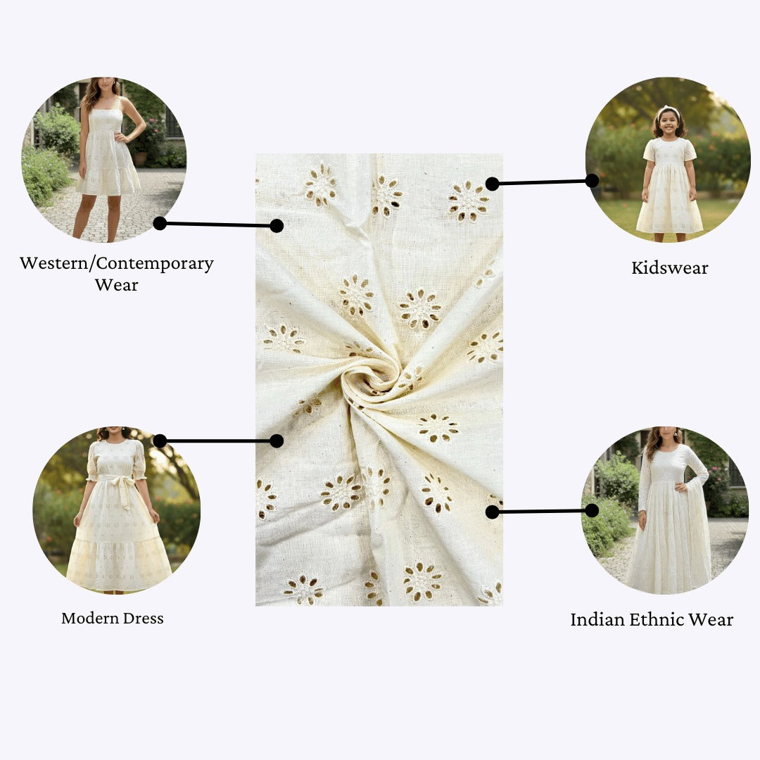 Dyeable hakoba embroidered cotton fabric with features and stitching width details.