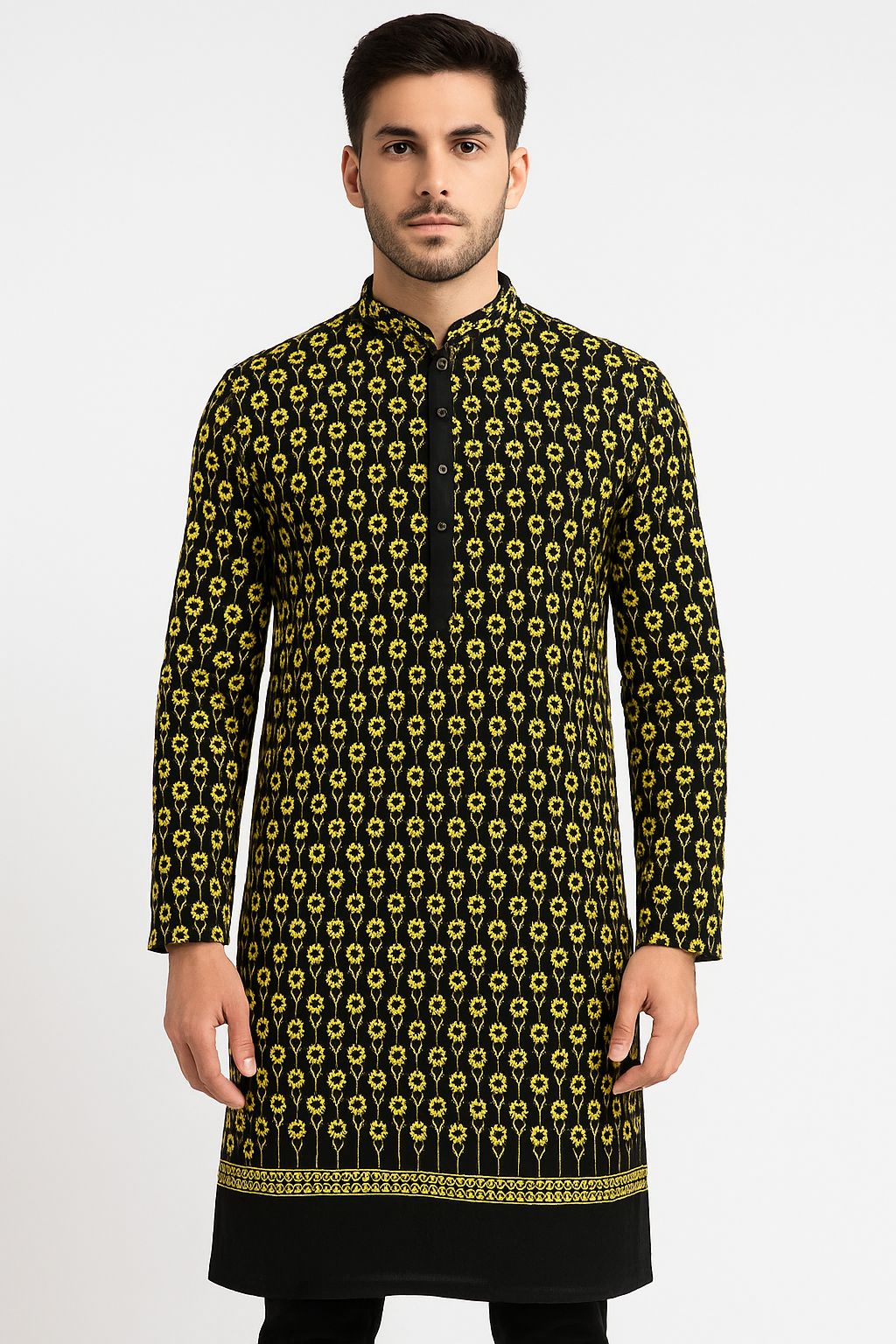 Summer-weight black fabric with scattered yellow flowers – printed chiffon/viscose material for dresses and DIY crafts.