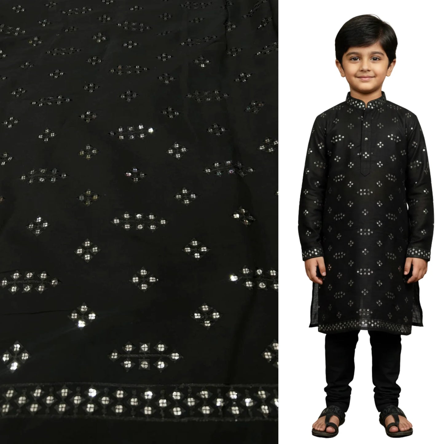 Kids black Roman silk kurta fabric with mirror work and embroidery — premium festive material