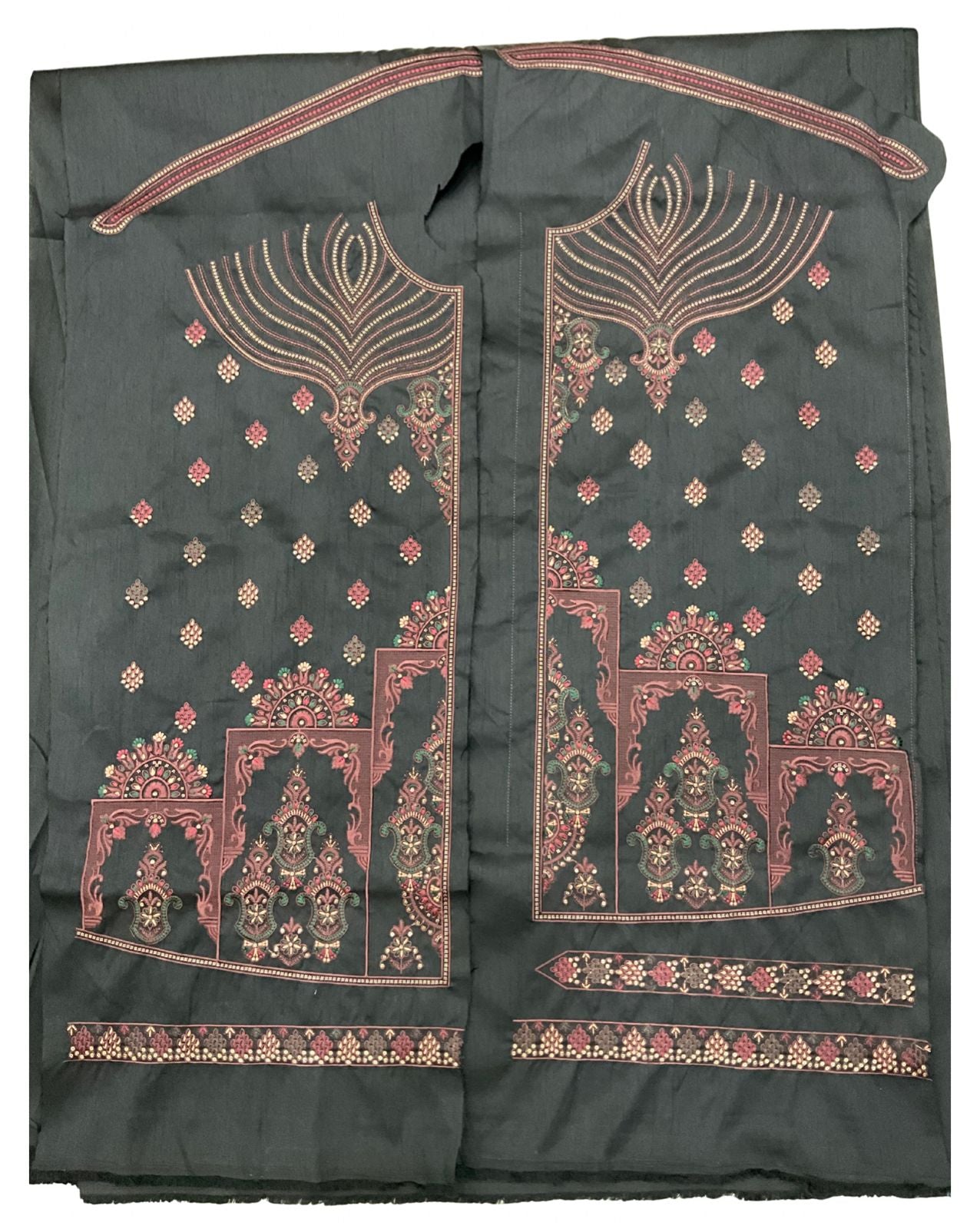 Black unstitched fabric (Kurta, Koti, Pajama set) featuring intricate embroidery on the Koti (vest) design, with traditional motifs in shades of pink, gold, and green.