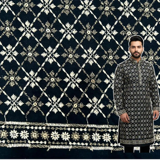 Premium black rayon embroidered kurta fabric for men suitable for wedding and festive wear