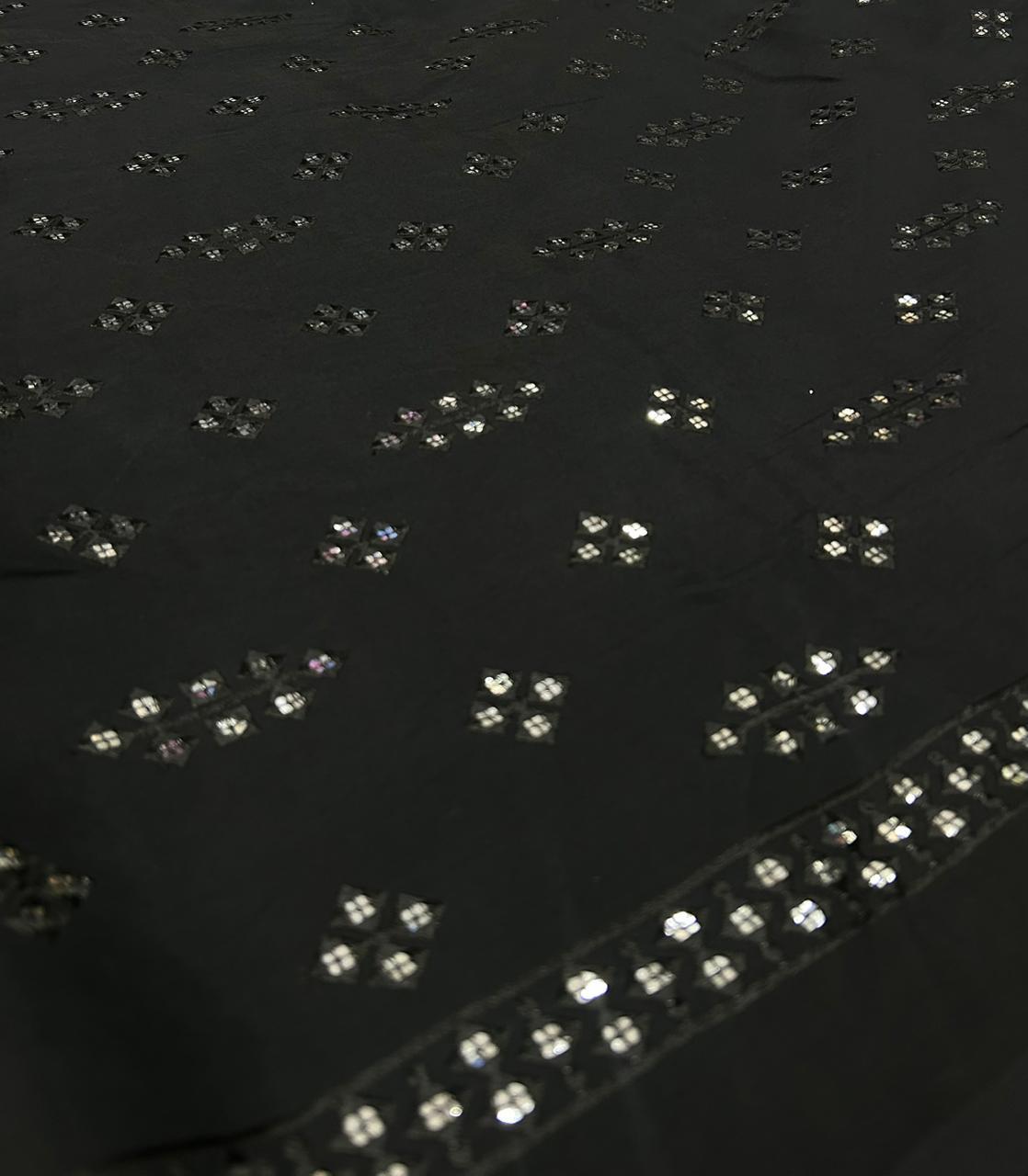 Black Roman Silk Fabric with White Mirror Work for Men’s Kurta Design.
