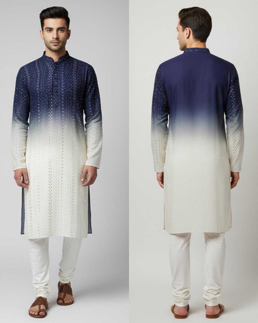 Three pieces of wedding special textile cut for a garment. Blue ombre with sparkle embellishments.