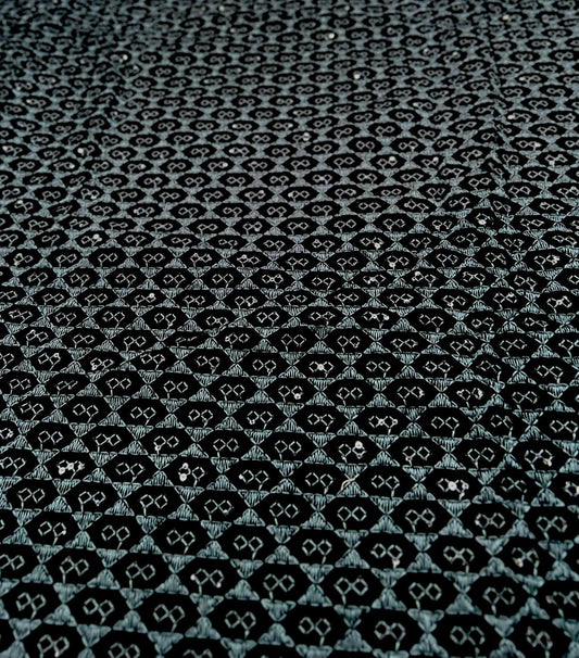 Metallic blue premium velvet fabric with geometric design for sherwani and suits.