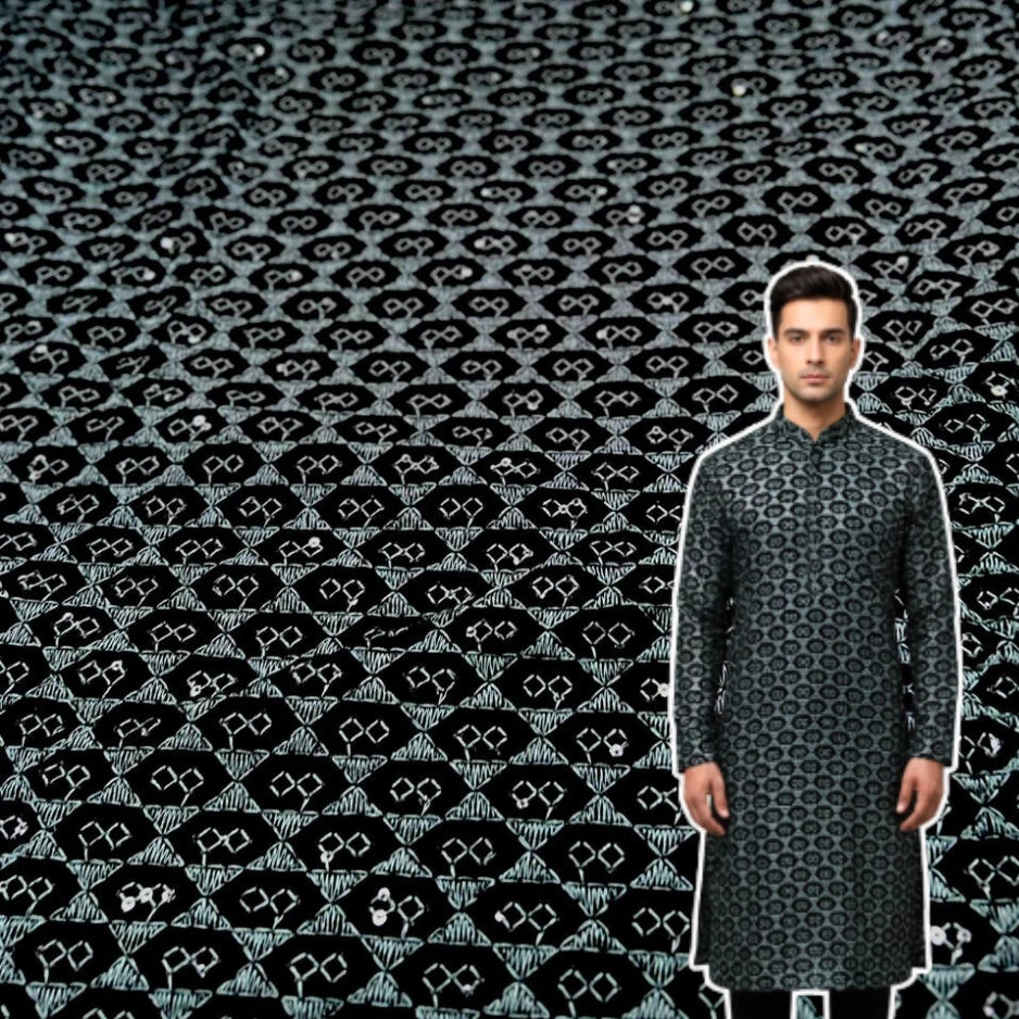 Metallic blue premium velvet fabric with geometric design for sherwani and suits.