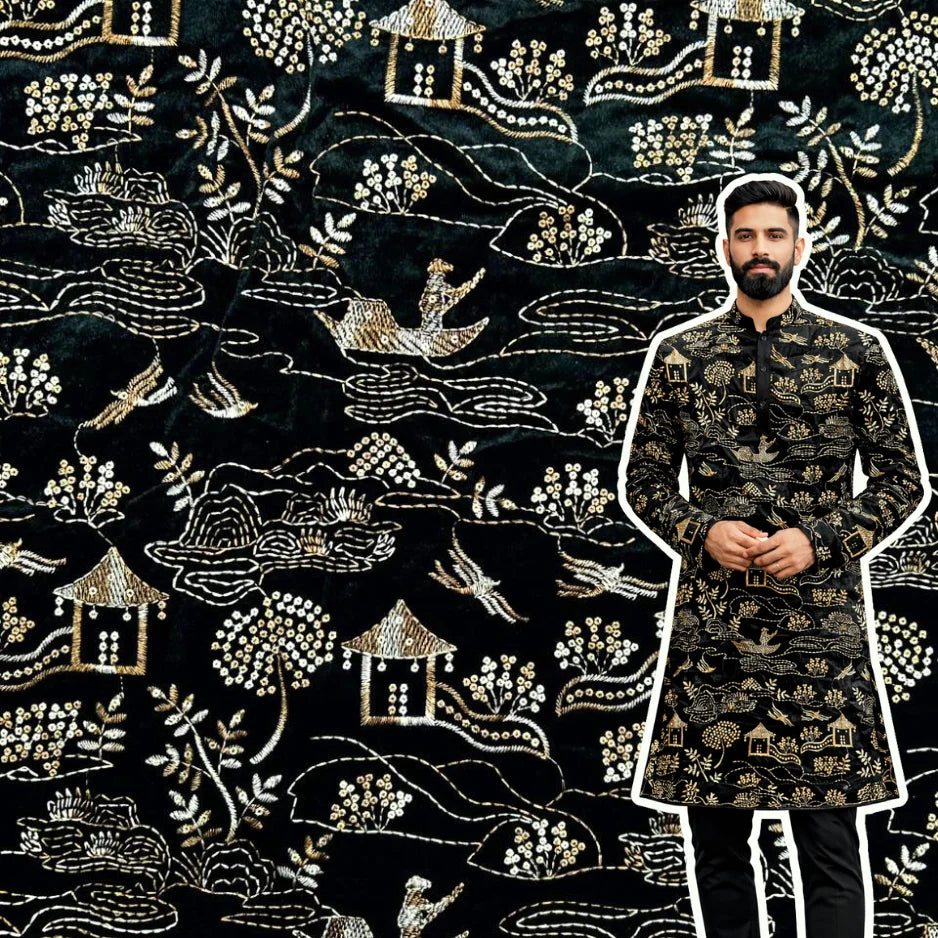 Premium coffee-brown embroidered velvet fabric with scenic houses and nature motifs.