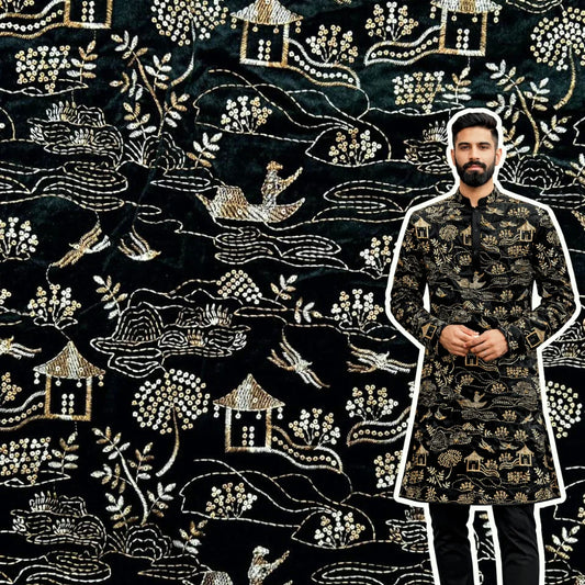 Premium coffee-brown embroidered velvet fabric with scenic houses and nature motifs.